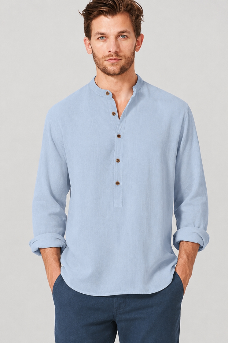 HempAge Herren vegan Hemd Mit Stehkragen Rauchblau
