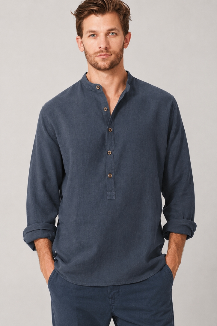 HempAge Herren vegan Hemd Mit Stehkragen Wintersky Blau