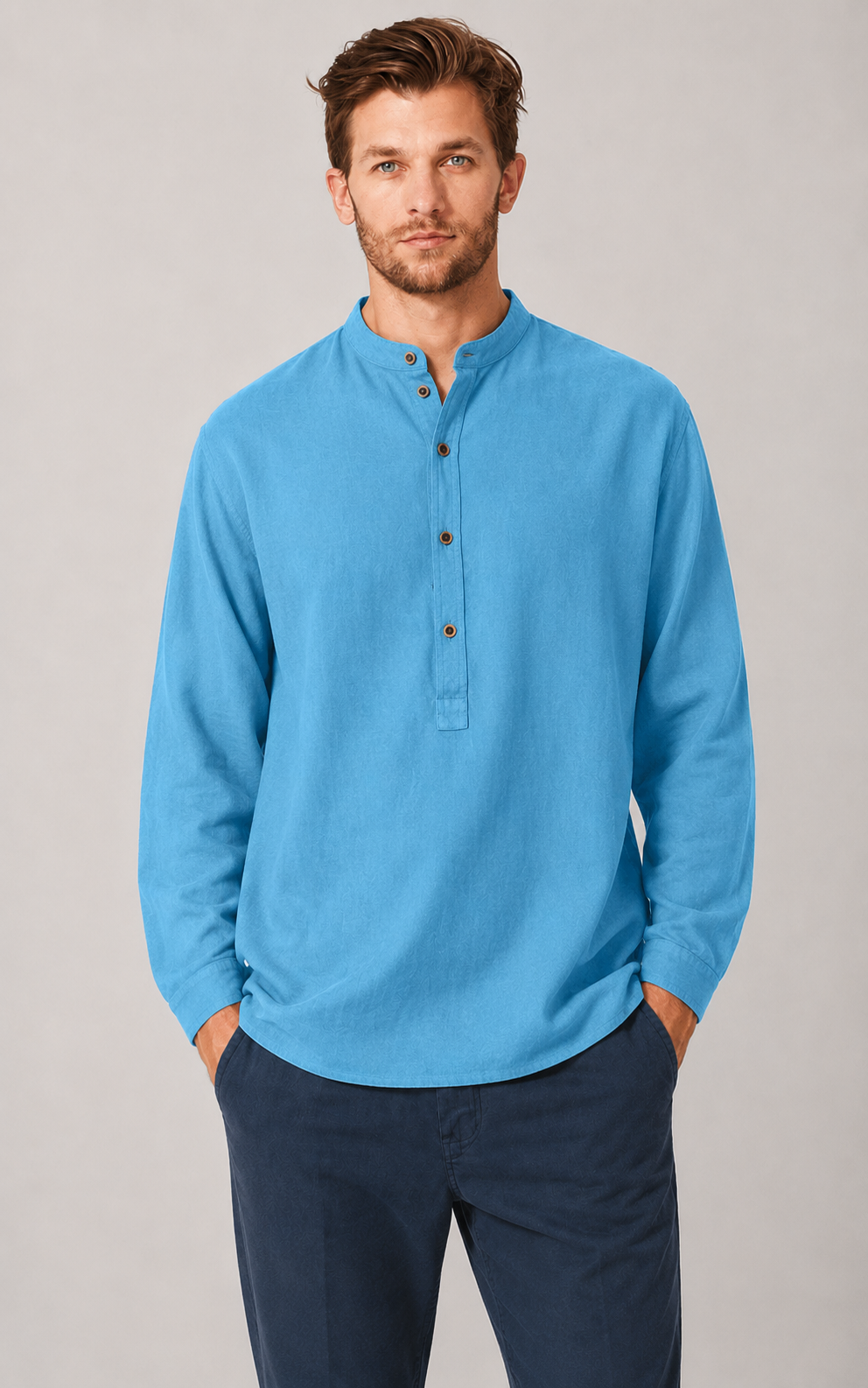 HempAge Herren vegan Hemd Mit Stehkragen Atlantikblau