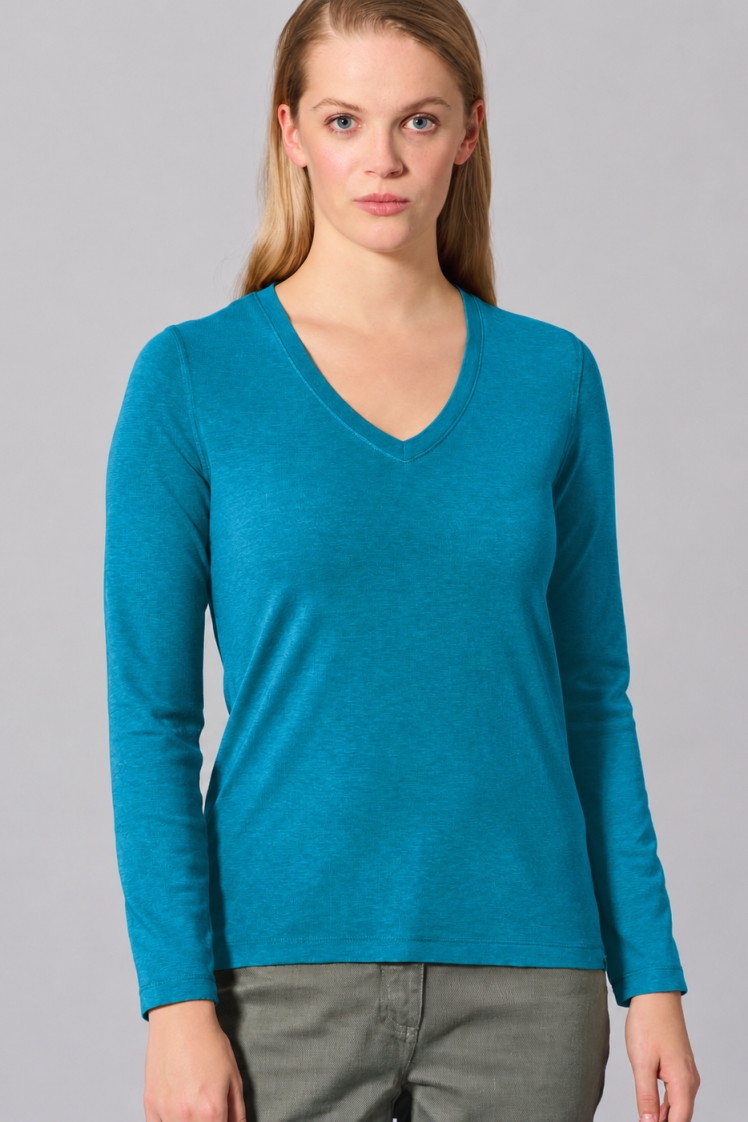 HempAge Damen vegan Sportliches Langarm T-Shirt In Lagunenblau