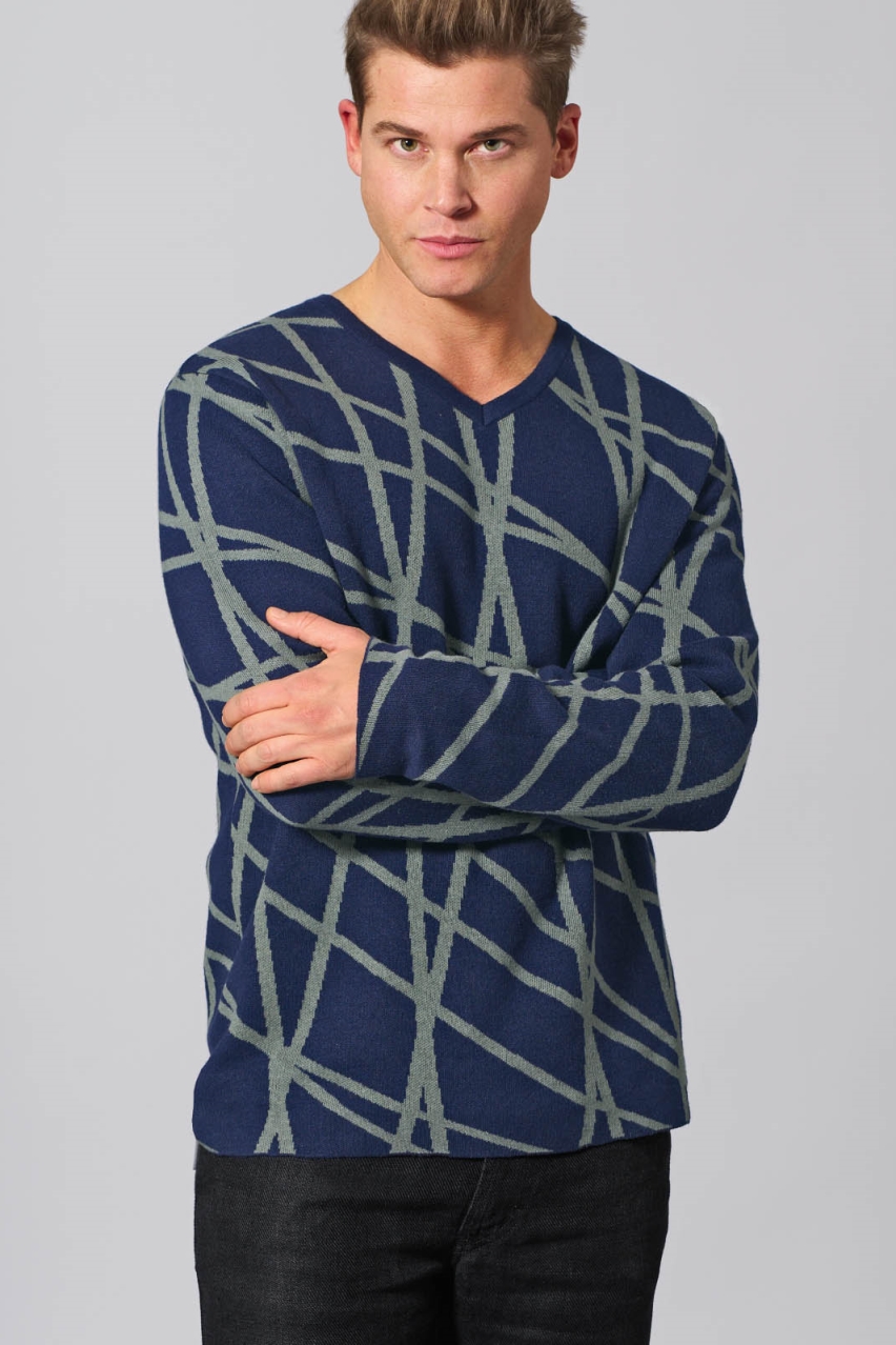 HempAge Herren vegan Pullover &acirc;&zcaron;modern&acirc;œ Mit V-Ausschnitt Nachtblau/Thymiangr&Atilde;&frac14;n