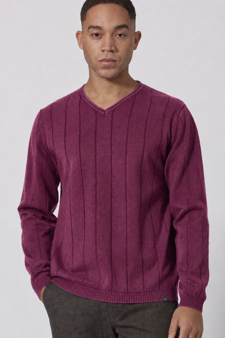 HempAge Herren vegan Gestreifter Strickpullover In Weinrot