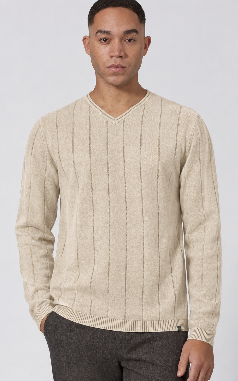 HempAge Herren vegan Gestreifter Strickpullover Gobi In Beige