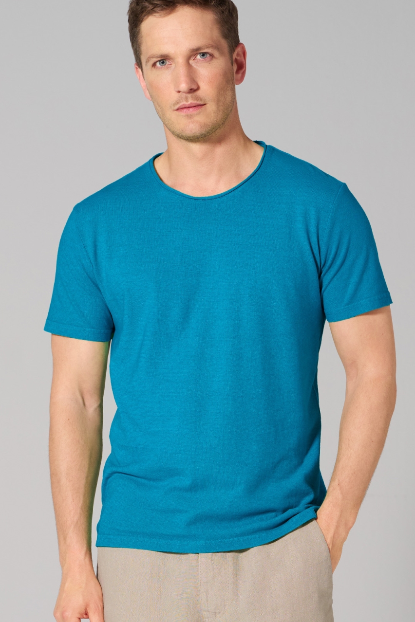 HempAge Herren vegan T-Shirt Mit Gerolltem Saum Azurblau