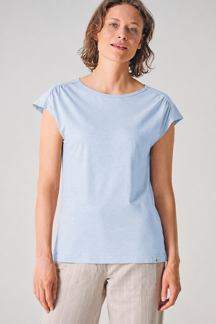 HempAge Damen vegan T-Shirt Mit Ausschnitt Am R&Atilde;&frac14;cken Rauchblau