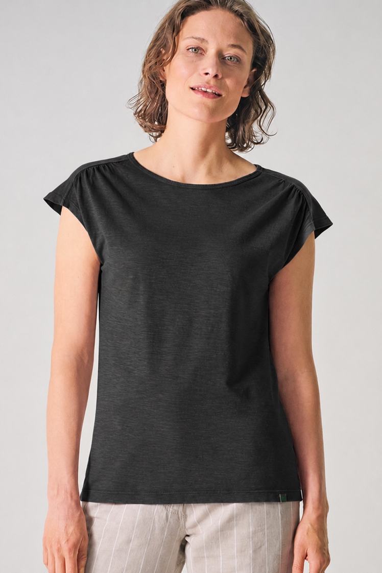 HempAge Damen vegan T-Shirt Mit Ausschnitt Am R&Atilde;&frac14;cken Schwarz