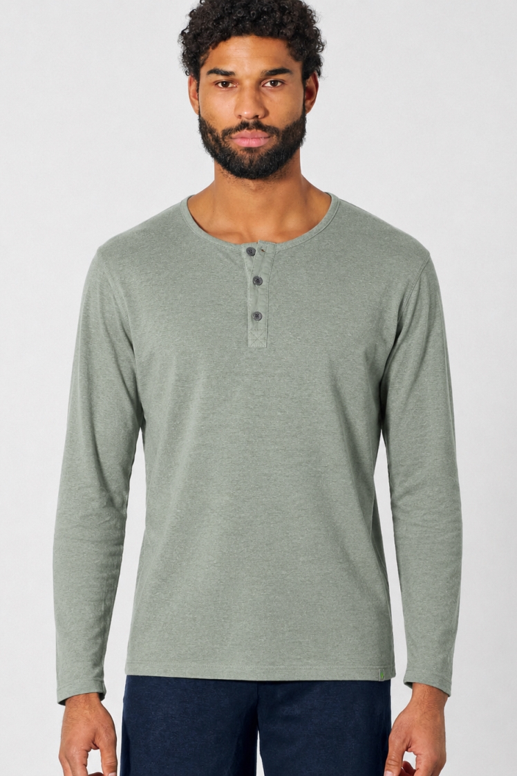 HempAge Herren vegan Lang&Atilde;&curren;rmliges Henley Shirt Aus Geb&Atilde;&frac14;rstetem Stoff Thymiangr&Atilde;&frac14;n