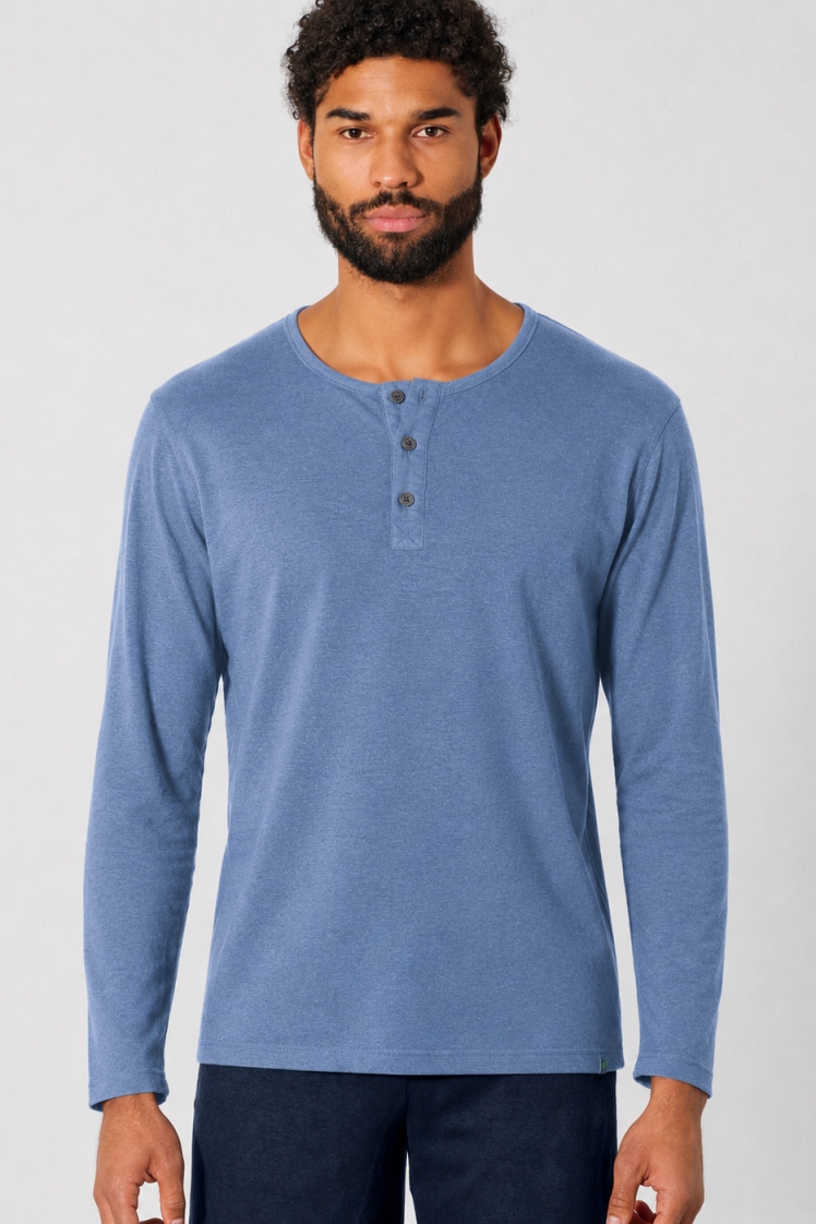 HempAge Herren vegan Langarm-Henley Aus Geb&Atilde;&frac14;rstetem Stoff In Der Farbe Blueberry