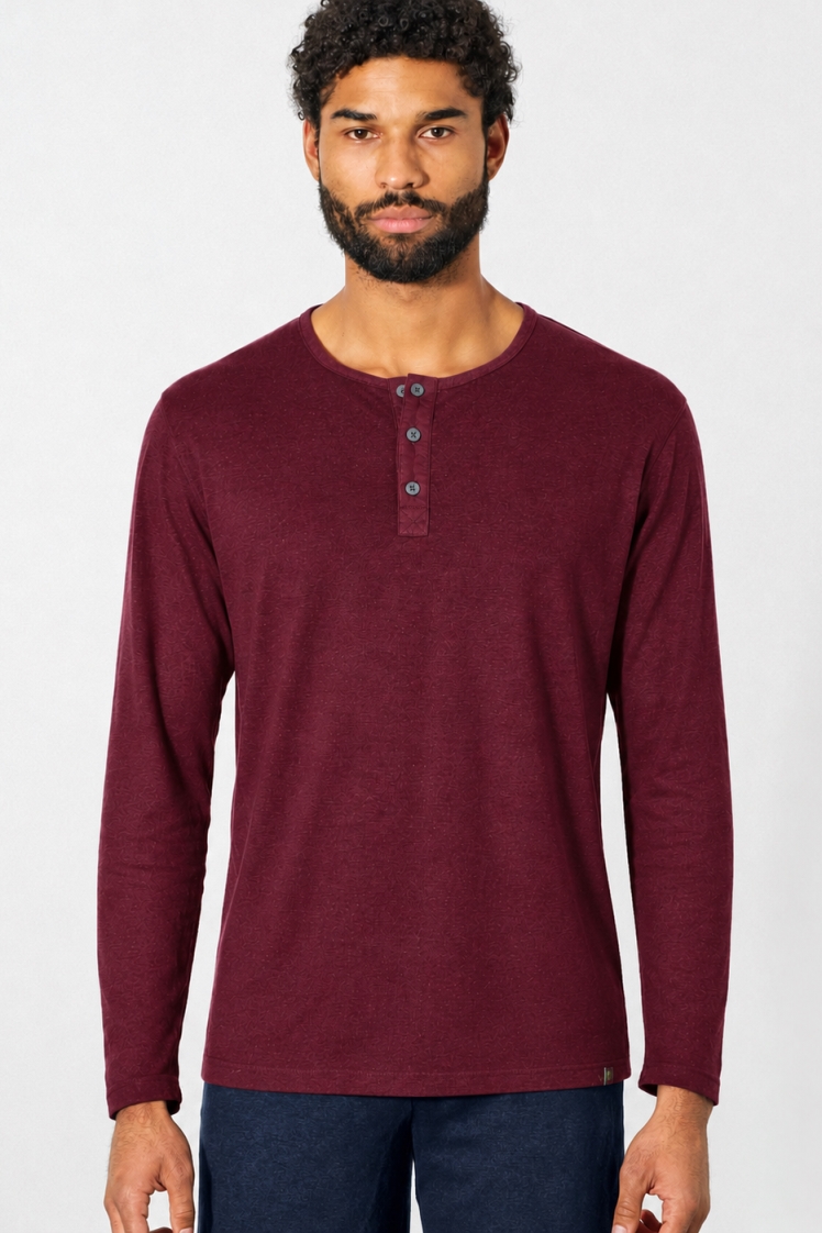 HempAge Herren vegan Lang&Atilde;&curren;rmliges Geb&Atilde;&frac14;rstetes Henley Shirt In Rioja Rot