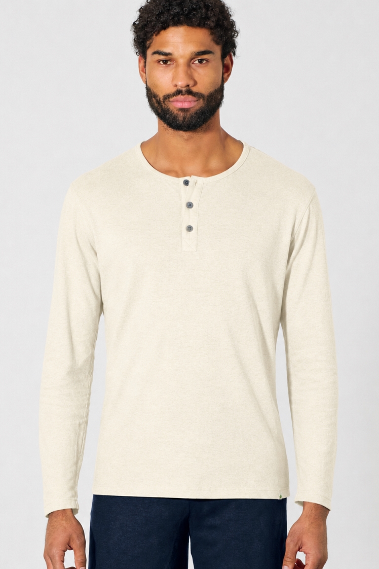 HempAge Herren vegan Langarm Henley Aus Geb&Atilde;&frac14;rstetem Stoff Naturfarben