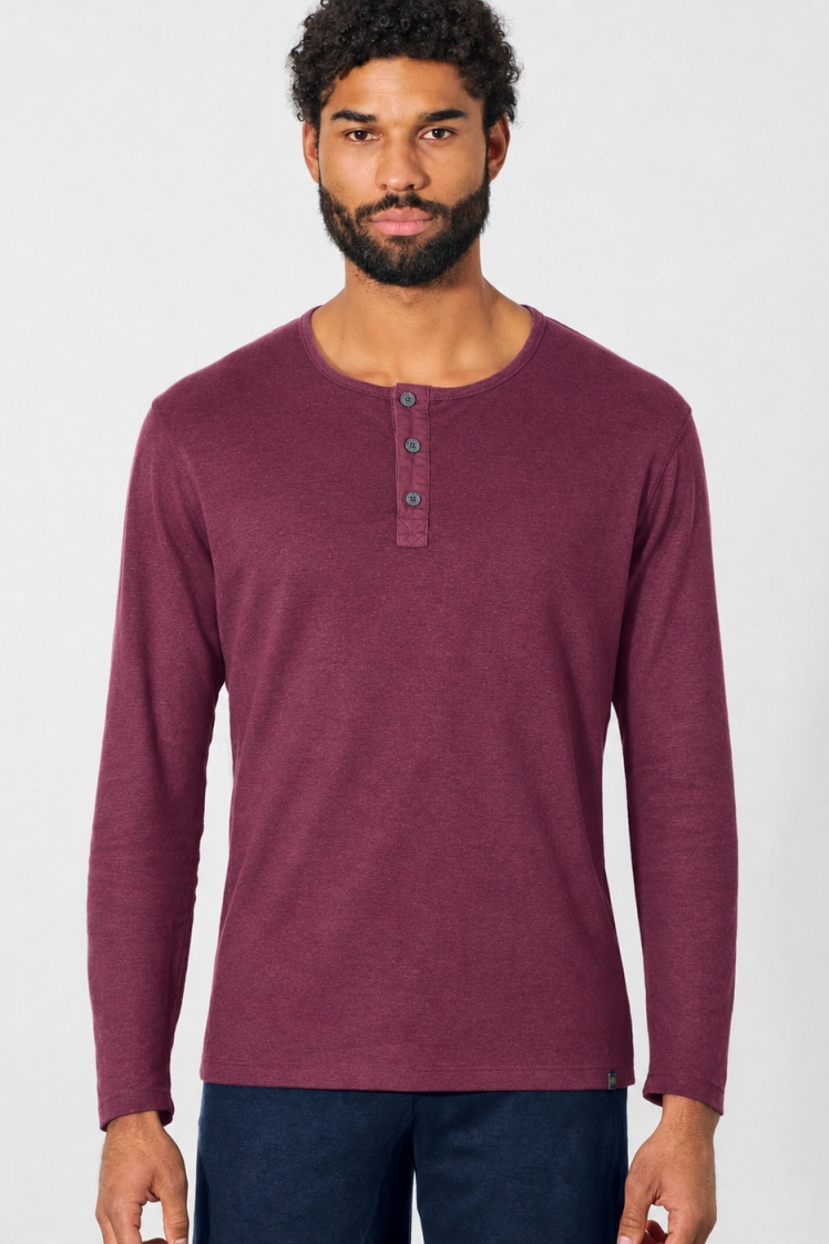 HempAge Herren vegan Lang&Atilde;&curren;rmliges Henley Shirt Aus Geb&Atilde;&frac14;rstetem Stoff Weinrot