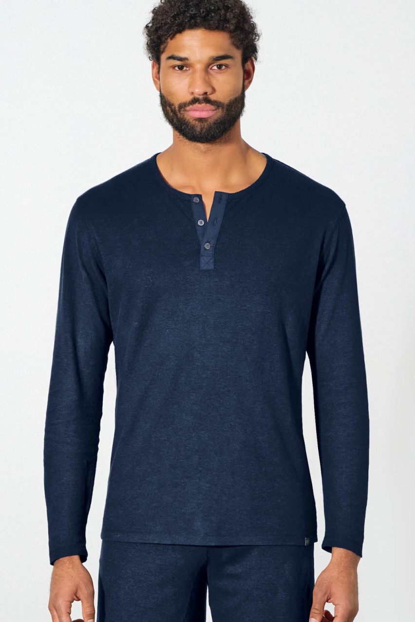 HempAge Herren vegan Langarm Henley Aus Geb&Atilde;&frac14;rstetem Stoff Marineblau