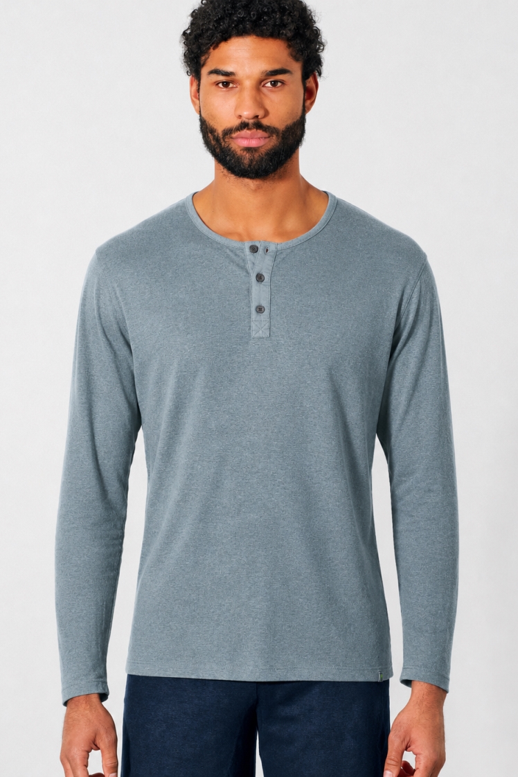HempAge Herren vegan Langarm Henley Aus Geb&Atilde;&frac14;rstetem Stoff In Titanium