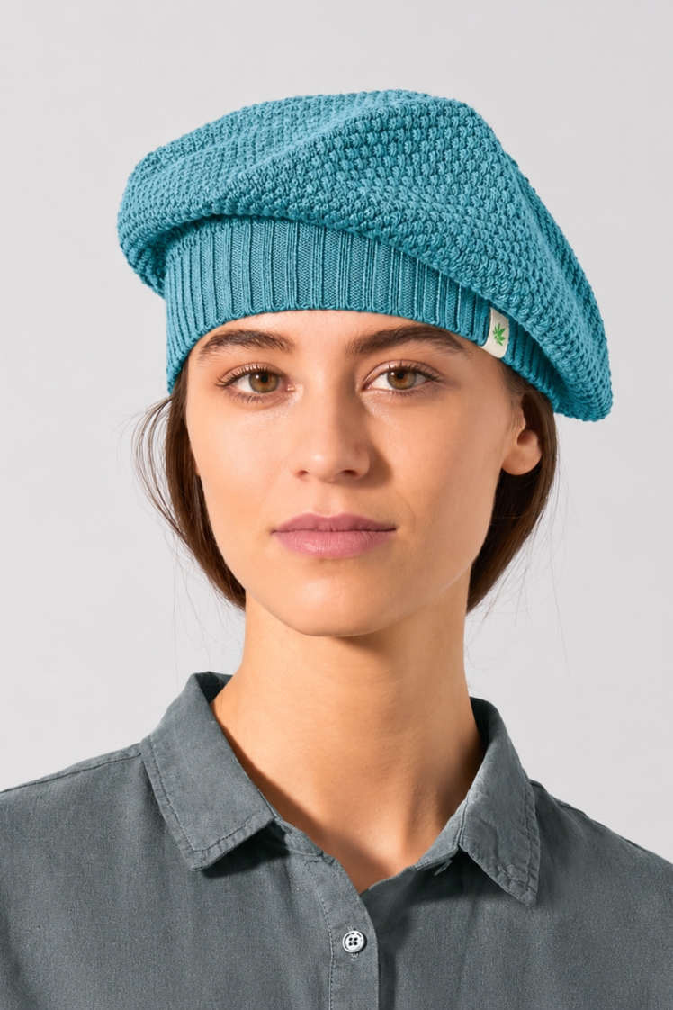 Hempage womens vegan Beret Fine Wave Blue