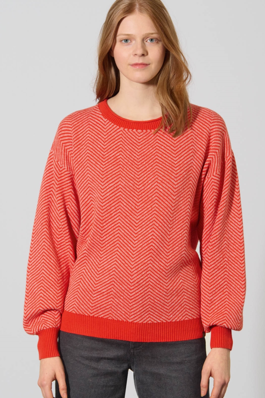 HempAge Damen vegan Pullover Modern Jacquard In Ziegelrot/Natur