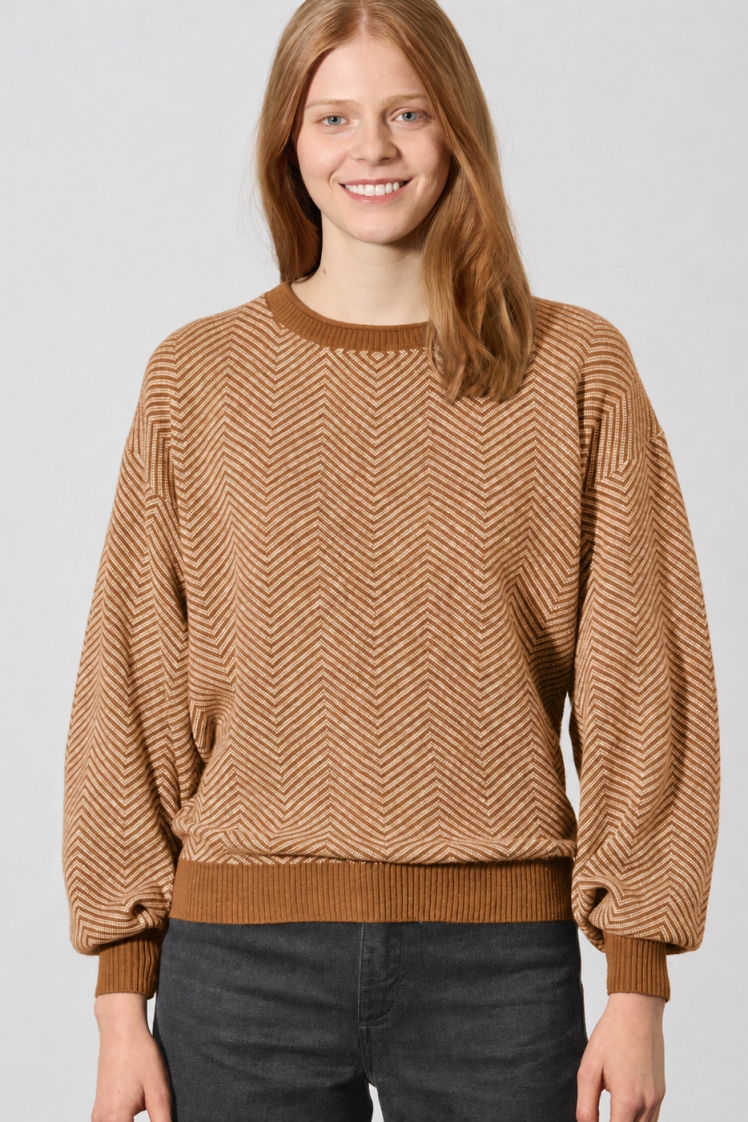 HempAge Damen vegan Pullover Modern Jacquard Mandel/Natur