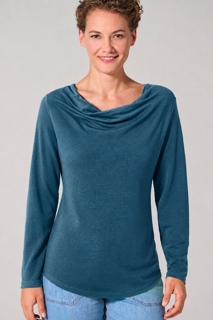 HempAge Damen vegan Top Mit Langen &Atilde;&bdquo;rmeln Und Wasserfallausschnitt, Reef, Blaugr&Atilde;&frac14;n