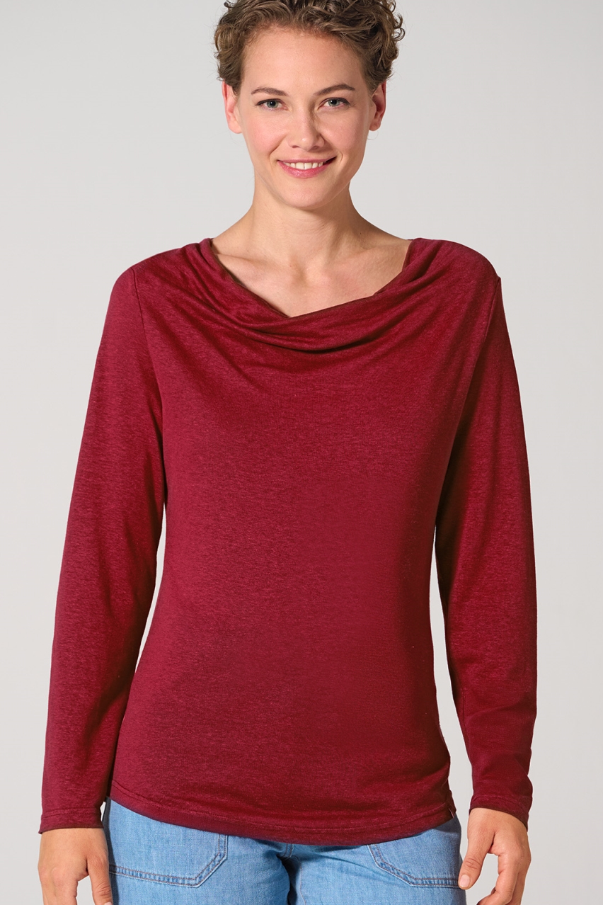 HempAge Damen vegan Top Mit Langen &Atilde;&bdquo;rmeln Und Wasserfallausschnitt, Rubinrot