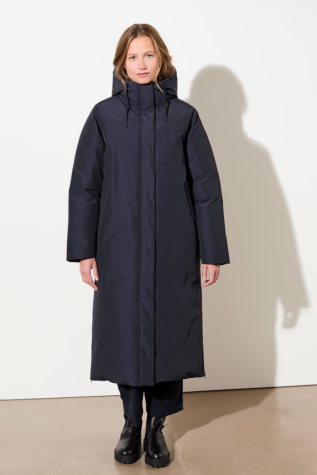 LangerChen Damen vegan Langer Mantel Mit Kapuze Marineblau