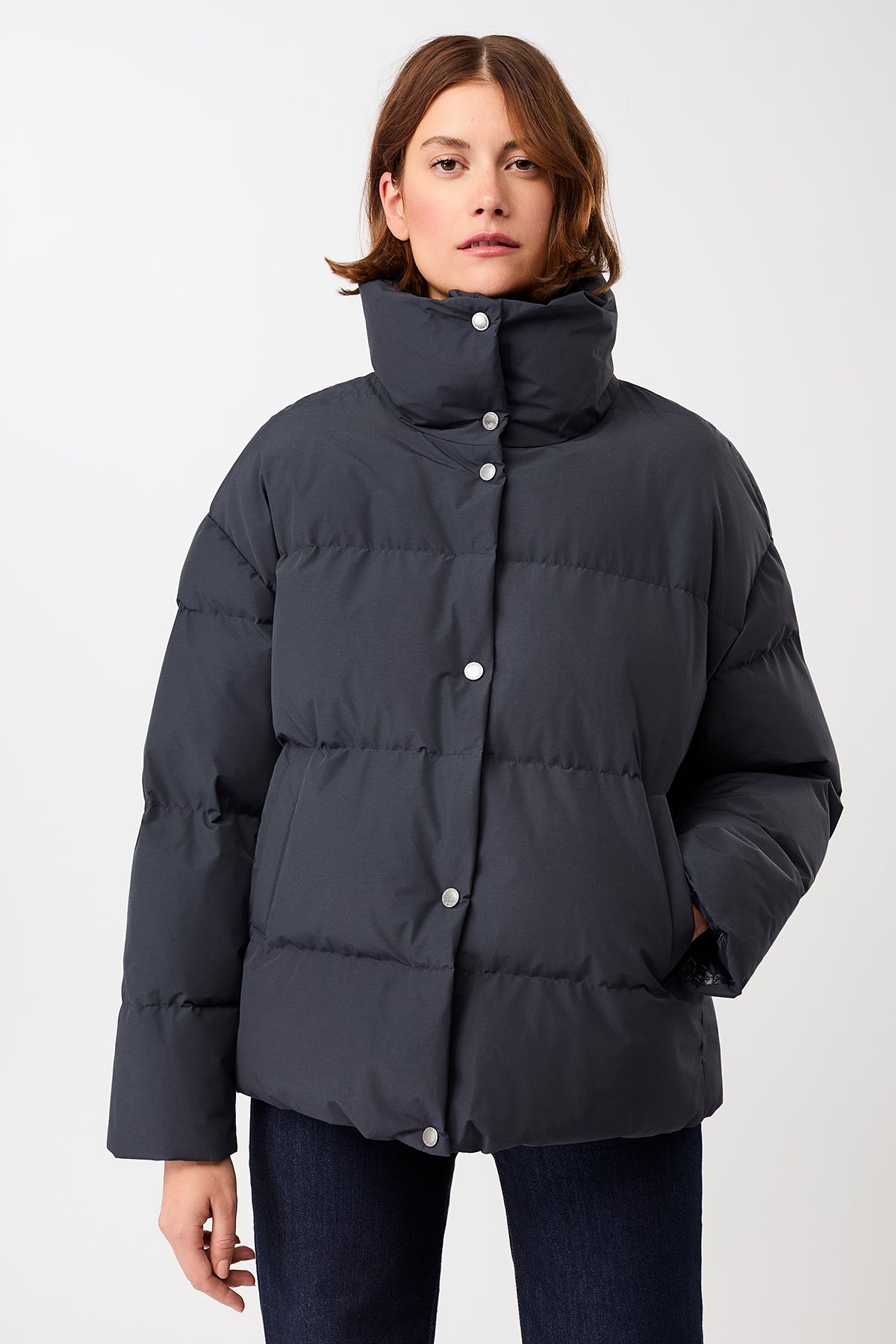 LangerChen womens vegan Jacket Quilted Stand Up Collar Navy