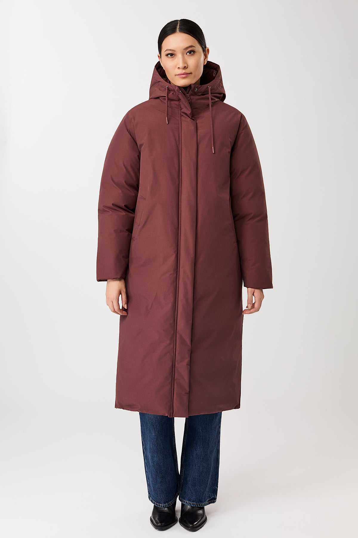 LangerChen womens vegan Coat Long Hooded Burgundy