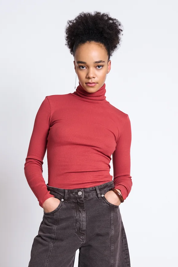 JAN N JUNE Damen vegan Top Minirib Mit Rollkragen Chuva Mid Rot