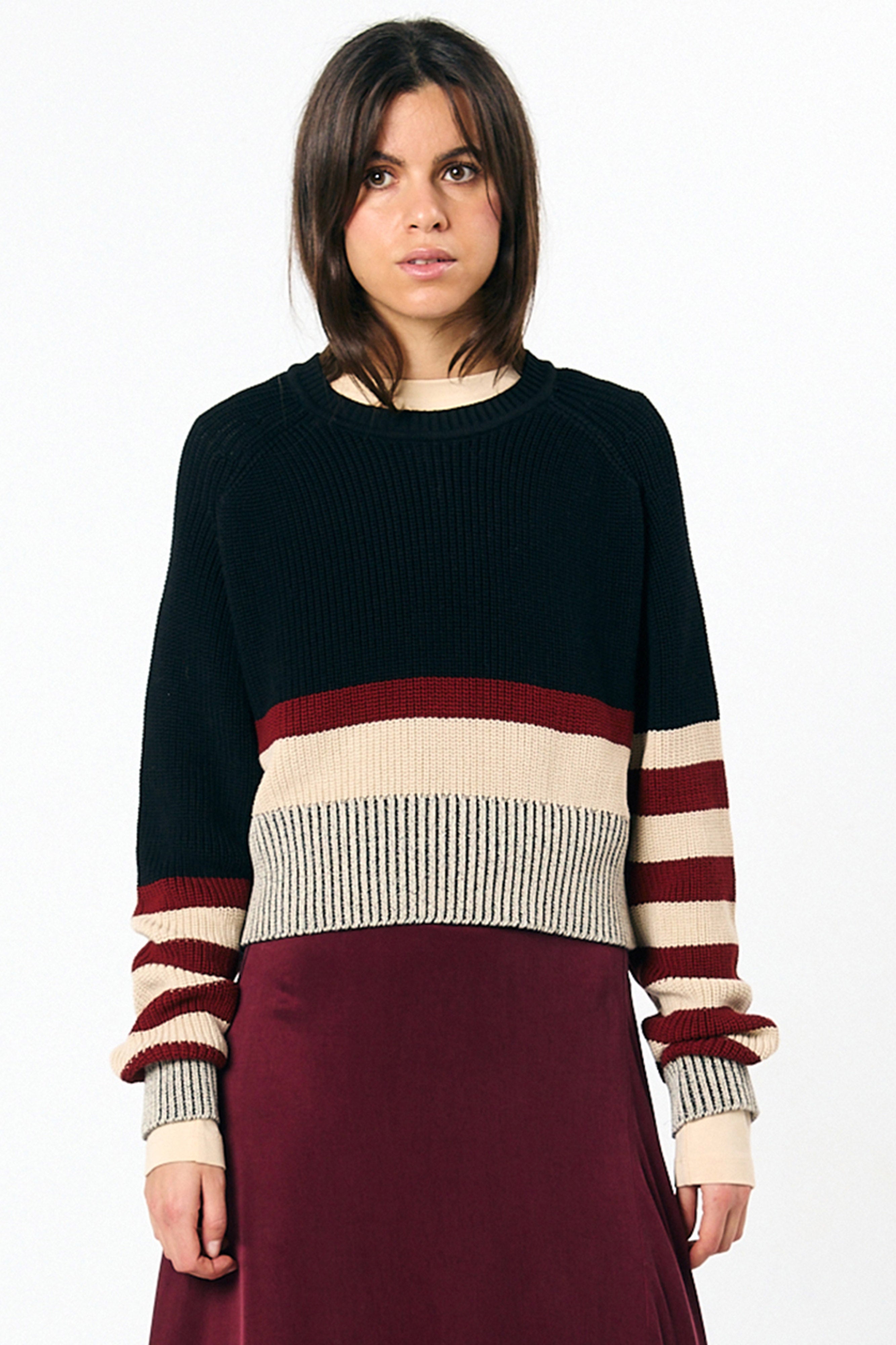 SUITE13LAB Damen vegan Pullover Nelas Stripes Schwarz