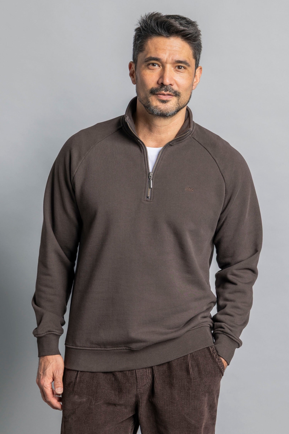 DIRTS men vegan Sweater Quarter Zip Raglan Espresso Brown