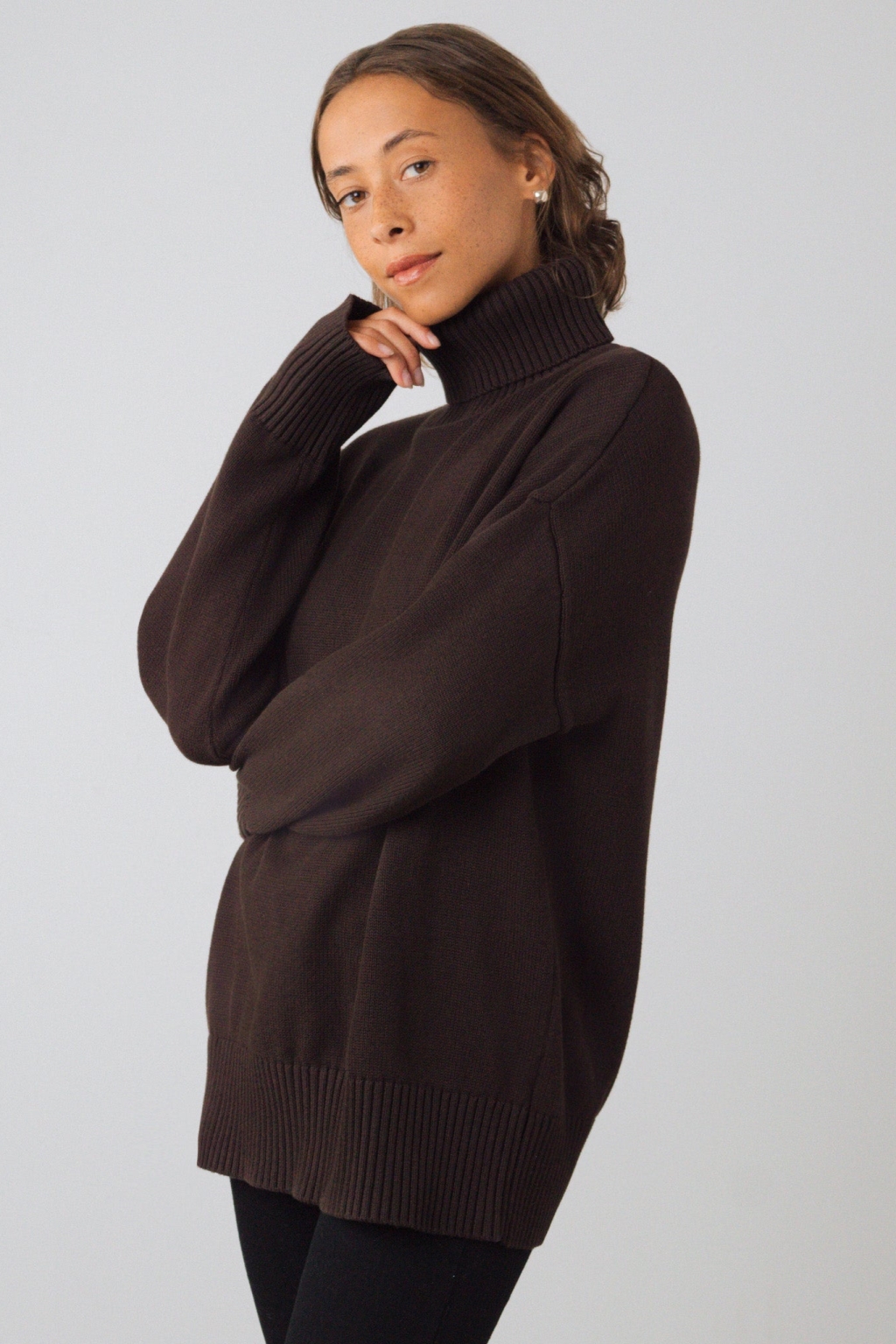 Honest Basics Damen vegan Rollkragenpullover Grob Gestrickt Torfbraun