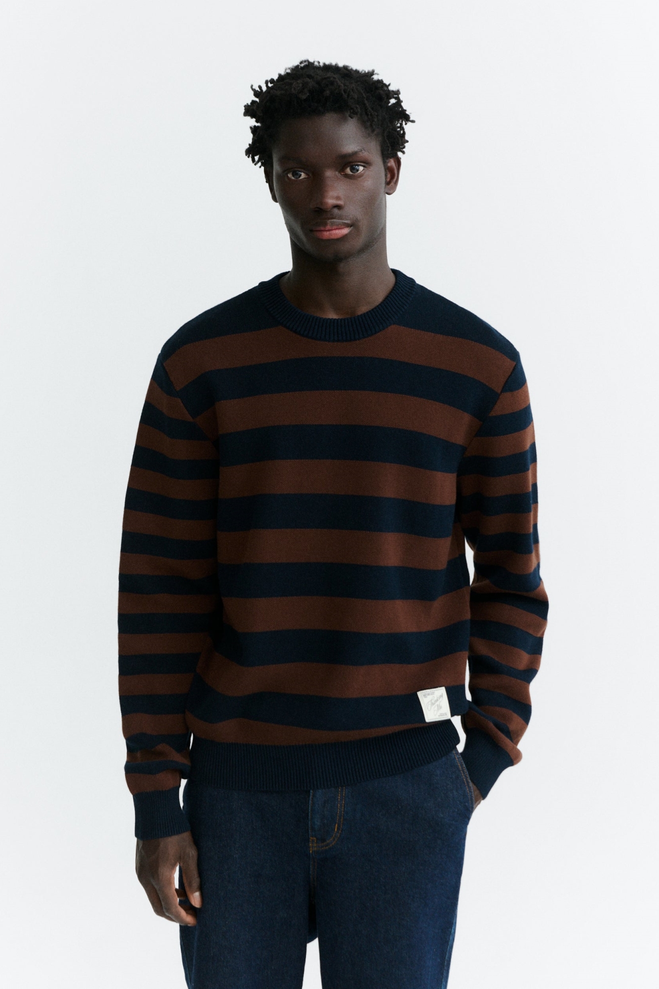 Thinking mu Herren vegan Pullover Seth Elbow Patch Marineblau Gestreift
