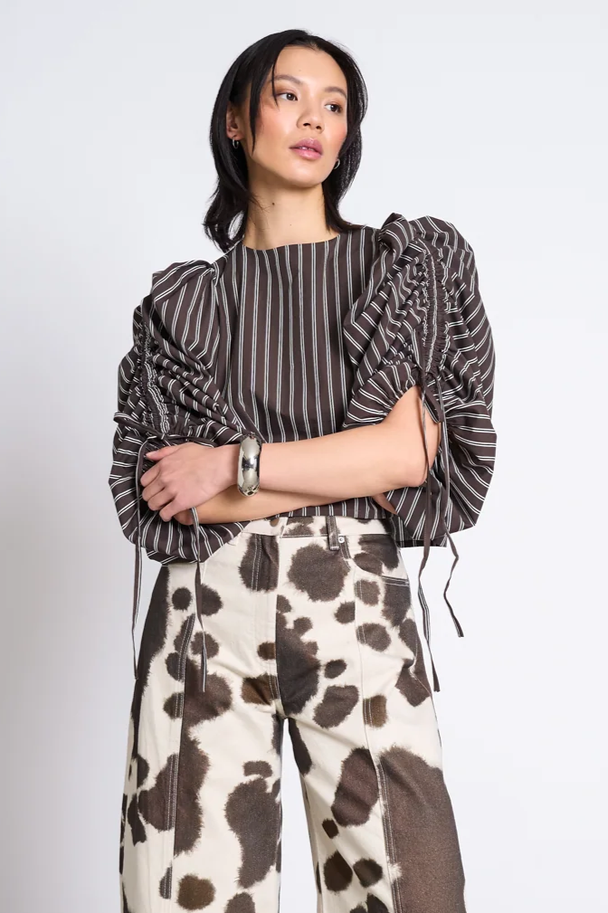 JAN N JUNE Damen vegan Bluse Mit Puff&Atilde;&curren;rmeln Nibs Schlammfarben Gestreift