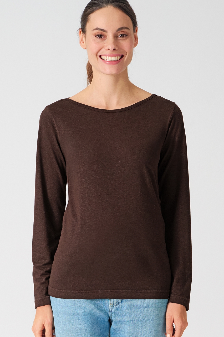 HempAge Damen vegan Langarm Shirt Mit U-Boot-Ausschnitt Espressobraun