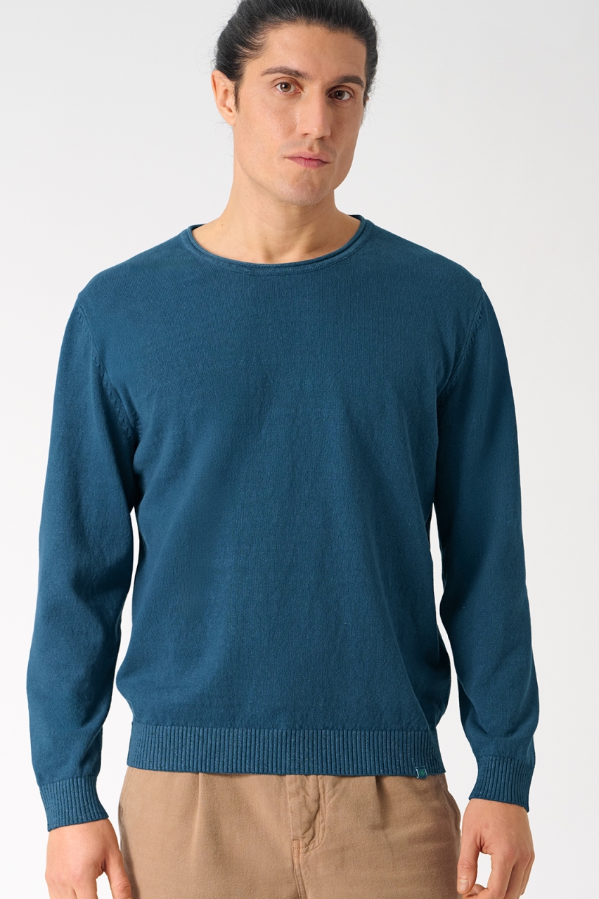 HempAge Herren vegan Pullover Mit Umgeschlagenem Kragen Reef Blau