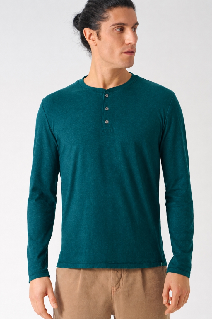 HempAge Herren vegan Lang&Atilde;&curren;rmliges Jersey Henley Shirt In Blaugr&Atilde;&frac14;n
