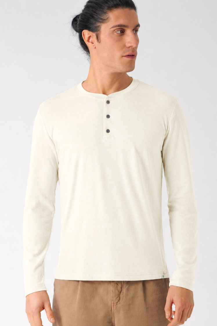 HempAge Herren vegan Langarm Jersey Henley In Cremefarben
