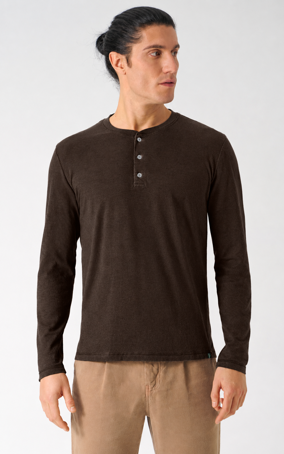 HempAge Herren vegan Langarm Jersey Henley In Espressobraun