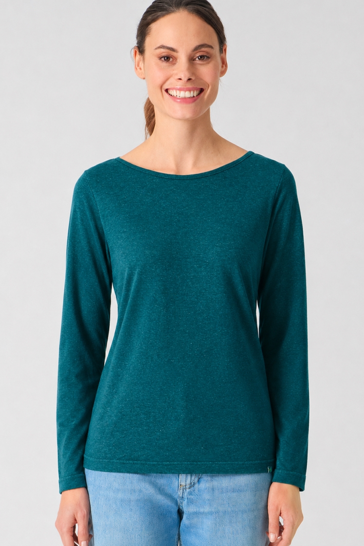 HempAge Damen vegan Langarm Shirt Mit U-Boot-Ausschnitt In Blaugr&Atilde;&frac14;n