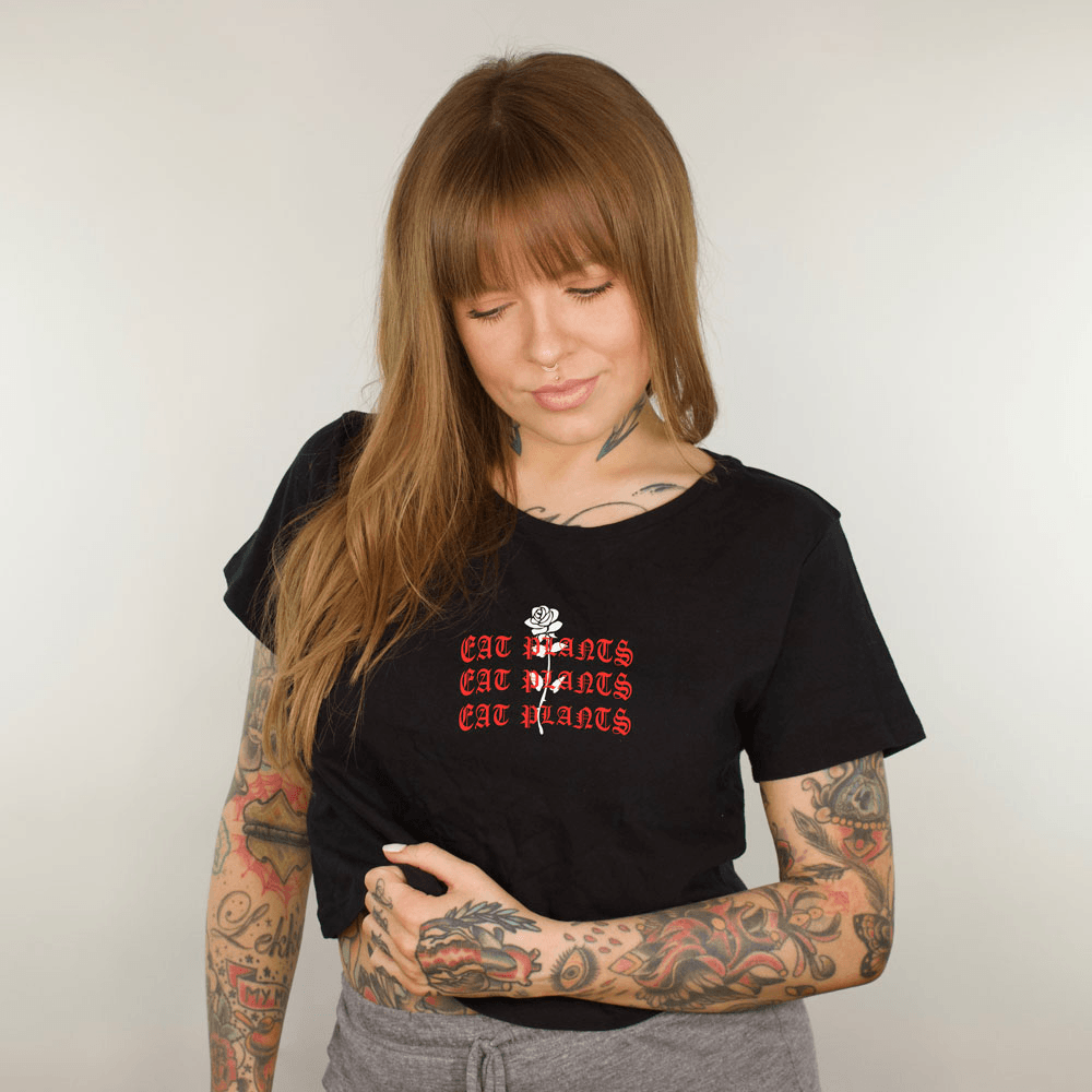 Plant Faced Clothing womens vegan Eat Plants Goth Roses Black Crop Top