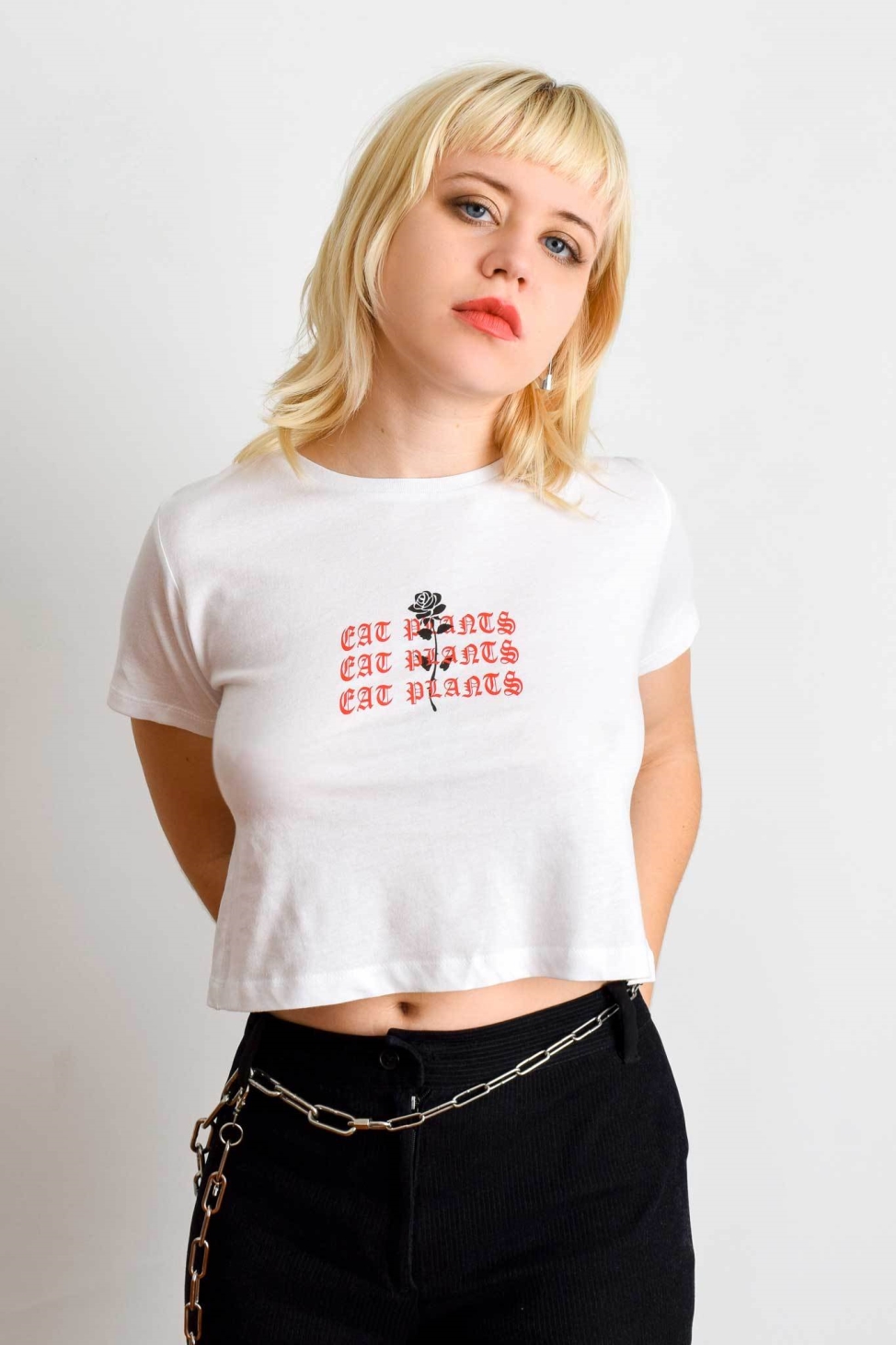 Plant Faced Clothing womens vegan Eat Plants Goth Roses White Crop Top