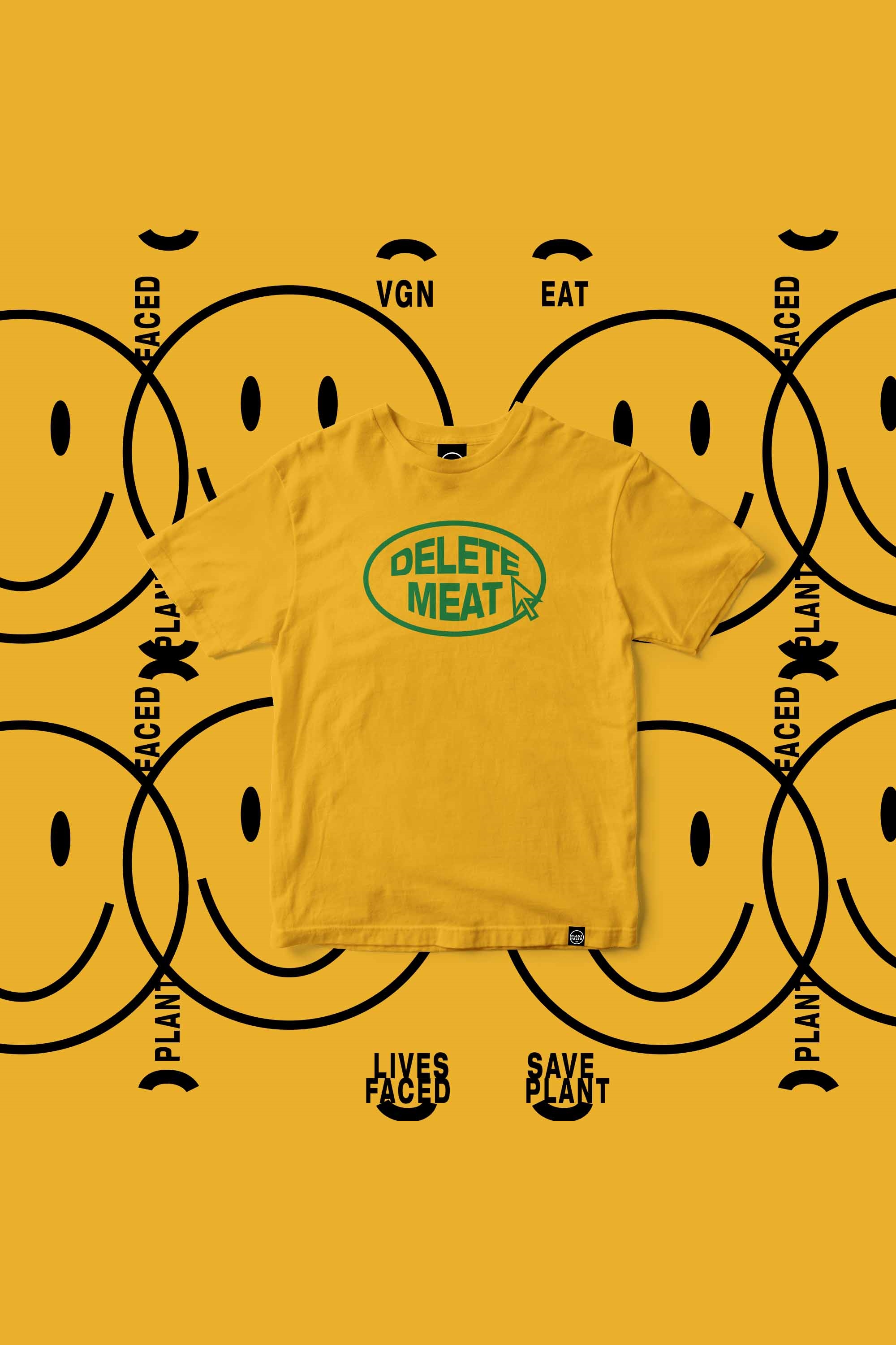 Plant Faced Clothing womens vegan T-Shirt Delete Meat Yellow Green