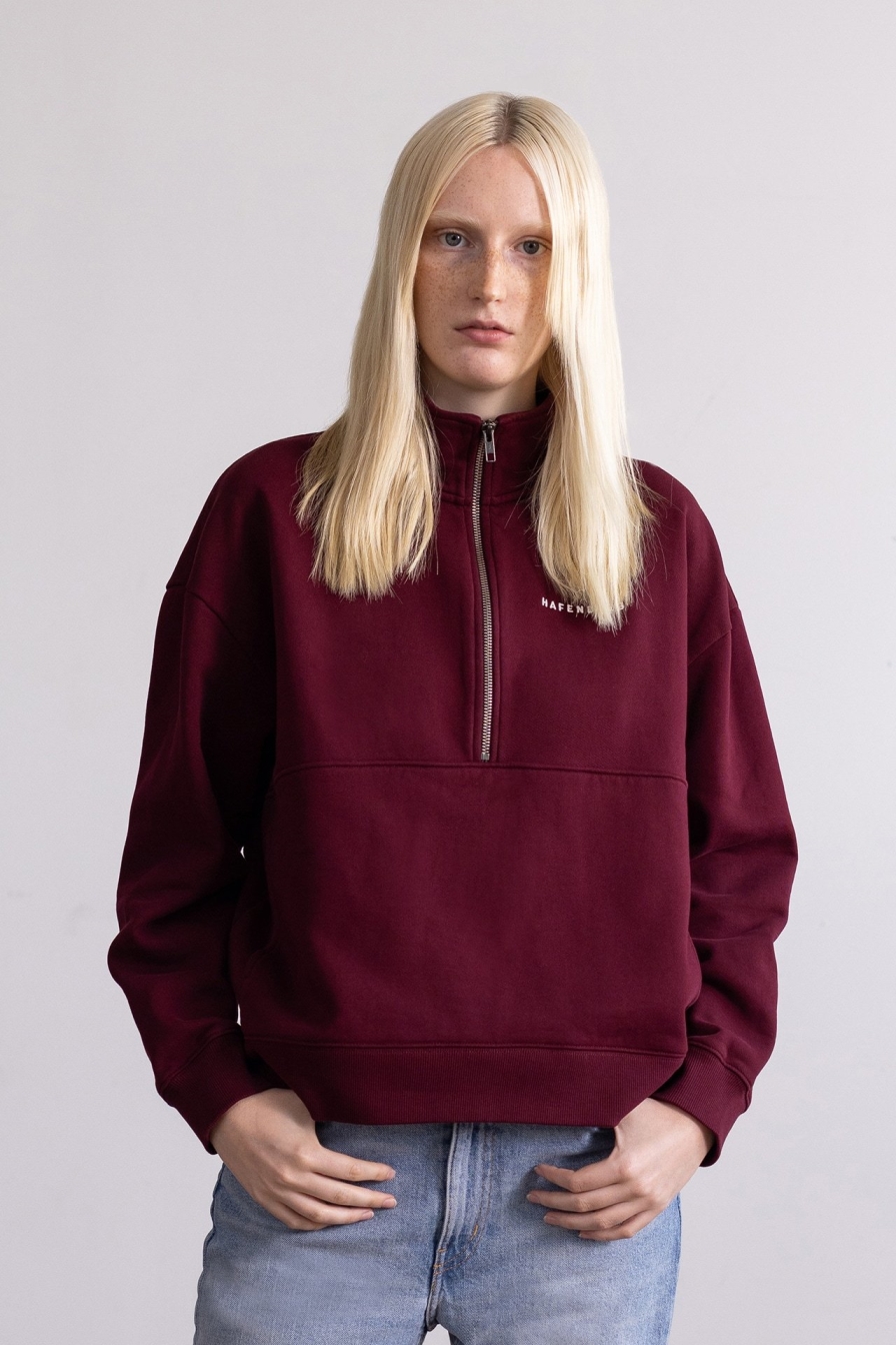 HAFENDIEB Damen vegan Pullover Troyer Logo Stick Burgunderrot