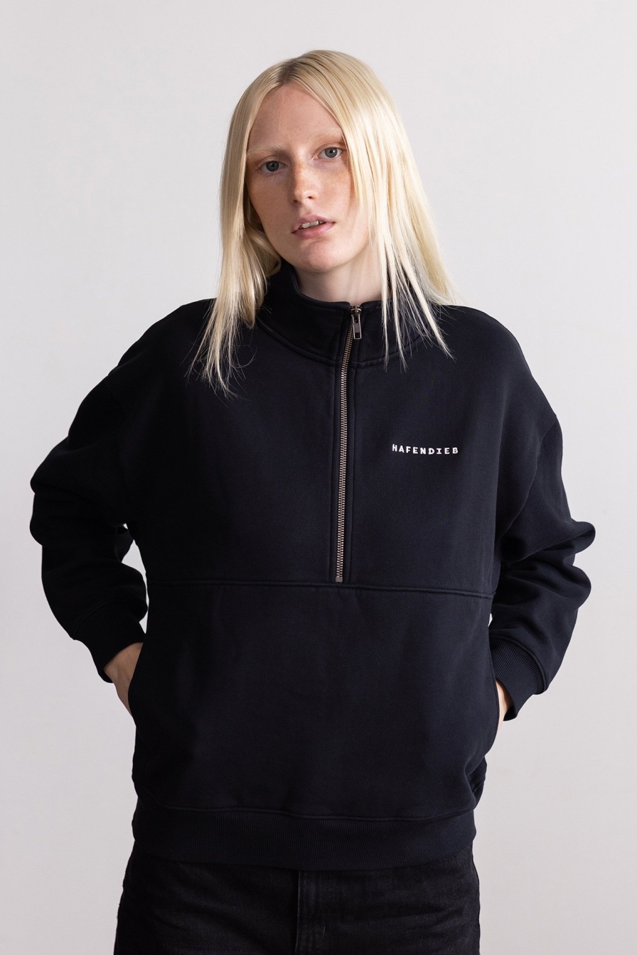 HAFENDIEB Damen vegan Pullover Troyer Logo Stick Schwarz