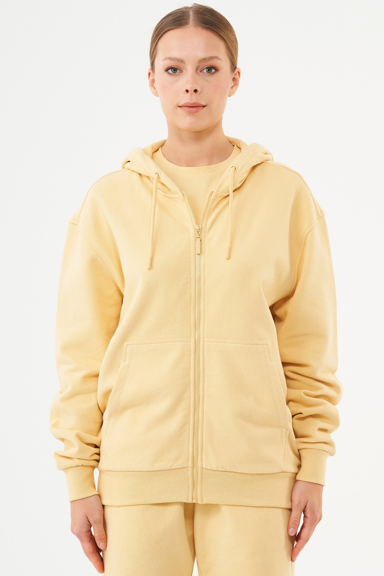 Image of ORGANICATION mannen vegan Unisex Zip-Up Hoodie Junda Soft Yellow