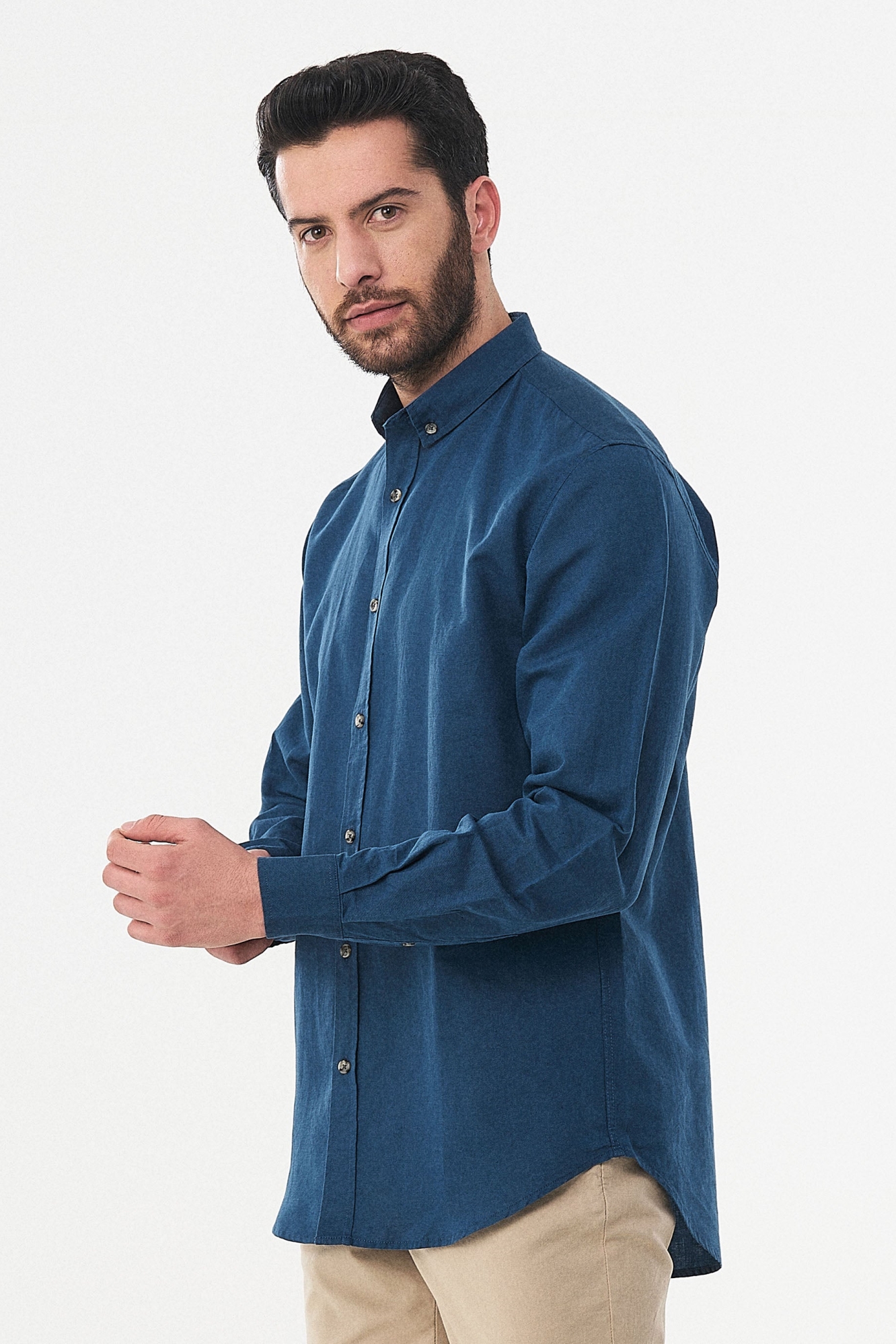 Image of ORGANICATION mannen vegan Lange Mouwen Overhemd Navy