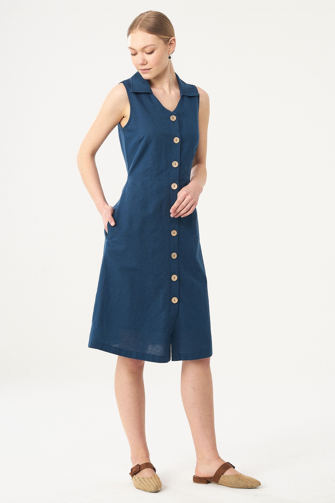 ORGANICATION Damen vegan Hemdkleid Leinen Bio-Baumwolle Blau