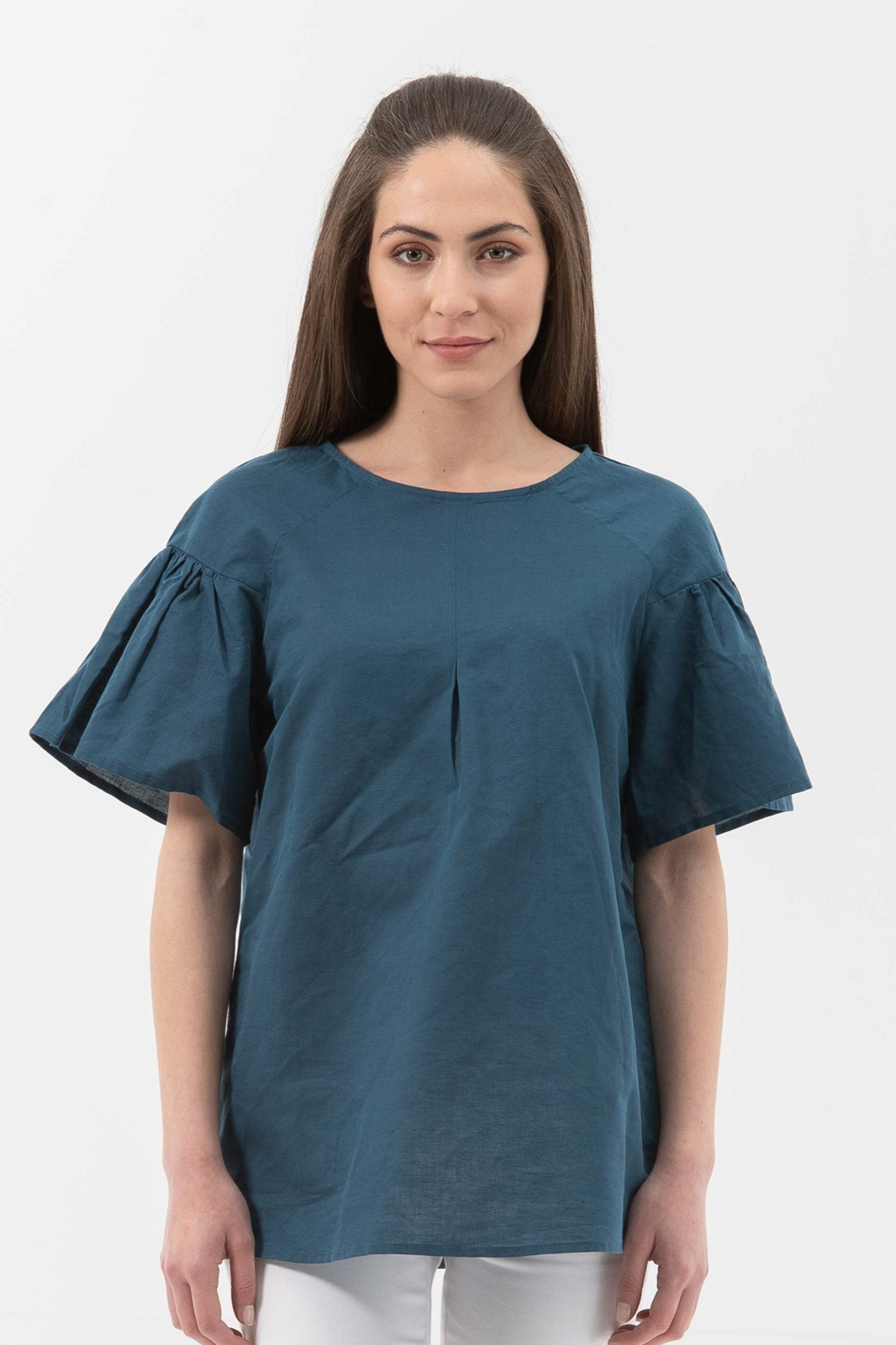 Image of ORGANICATION dames vegan Blouse Volantmouwen Navy
