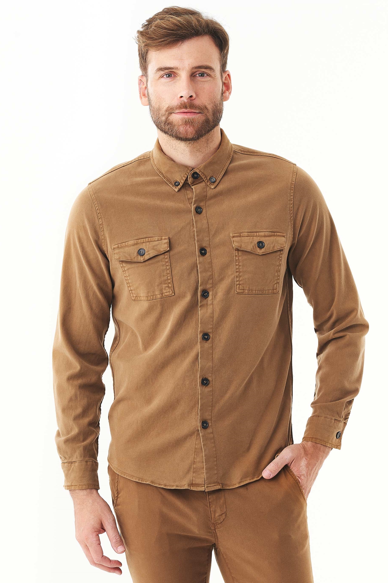 ORGANICATION Herren vegan Hemd Tencel Baumwolle Armeebraun