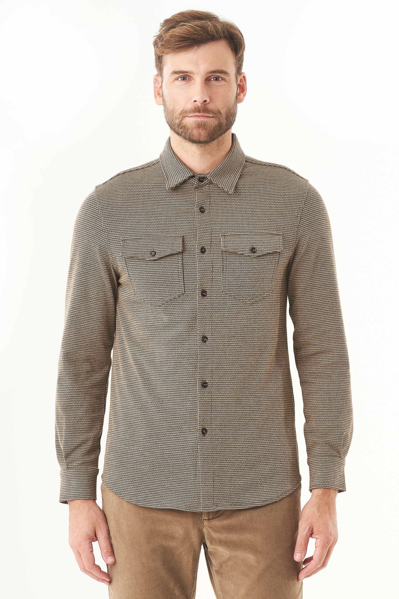 ORGANICATION Herren vegan Hahnentritt-Hemd Schwarz-Kamel