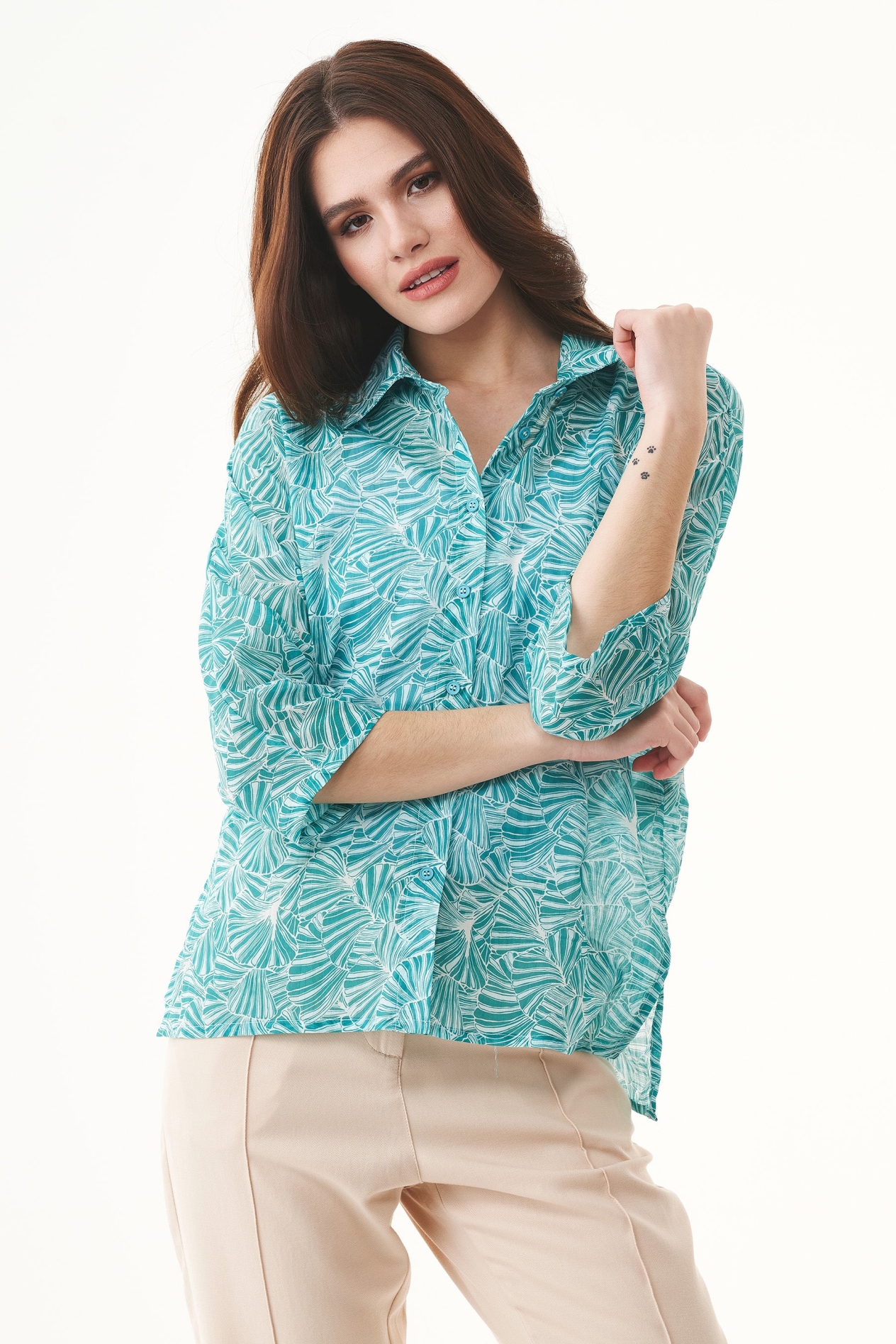 71291 - Damen vegan Voile Bluse Blume Smaragdblau