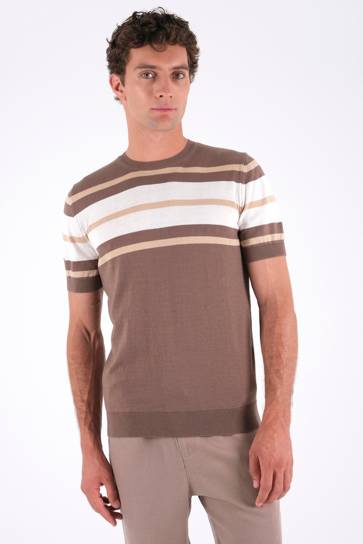 ORGANICATION Herren vegan T-Shirt With Stripes Fine Knit Deep Taupe, Beige & Off White